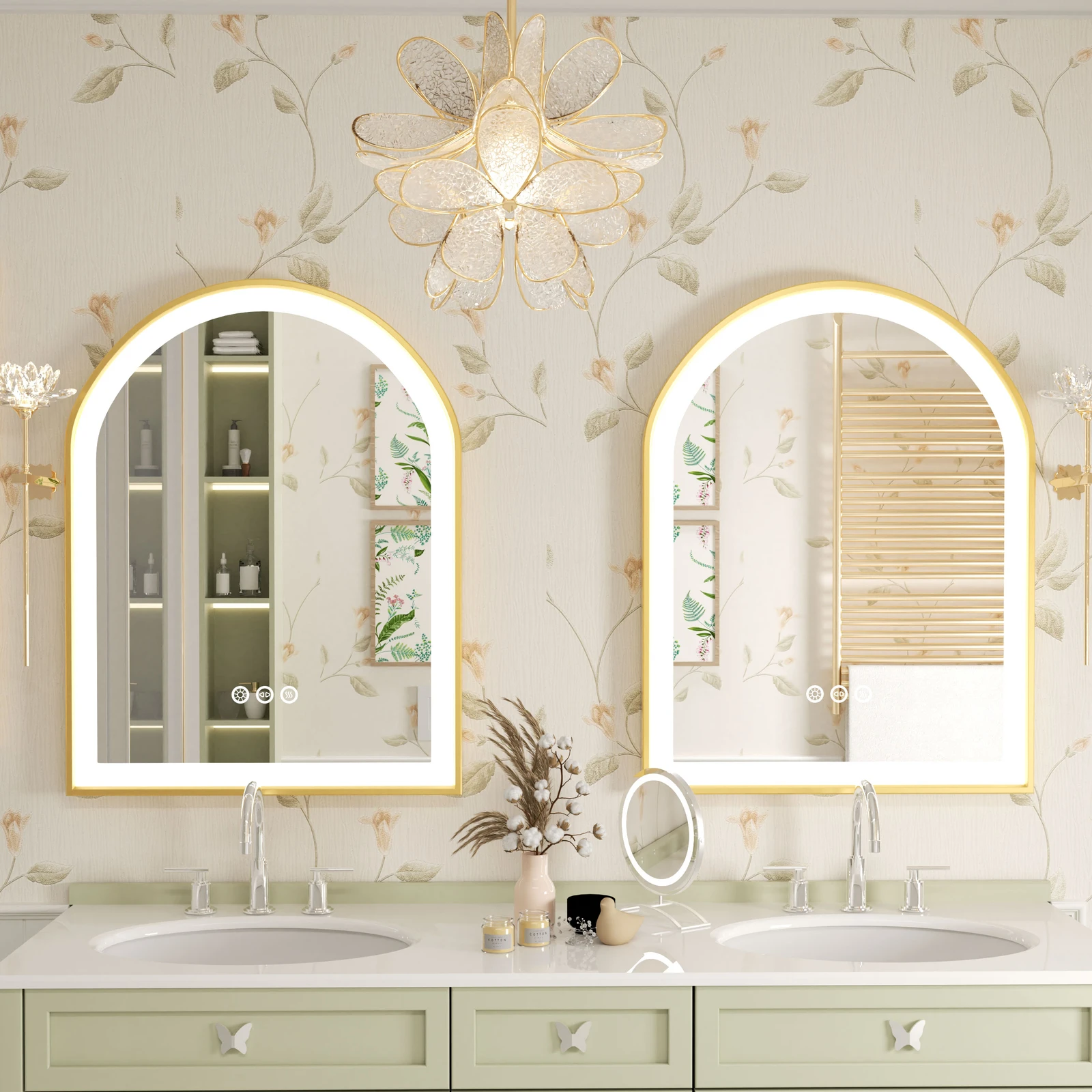 

Зеркало для ванной с LED-подсветкой, арочное, 24x36 дюймов, с функцией антизапотевания, регулируемой яркостью, в золотой металлической раме