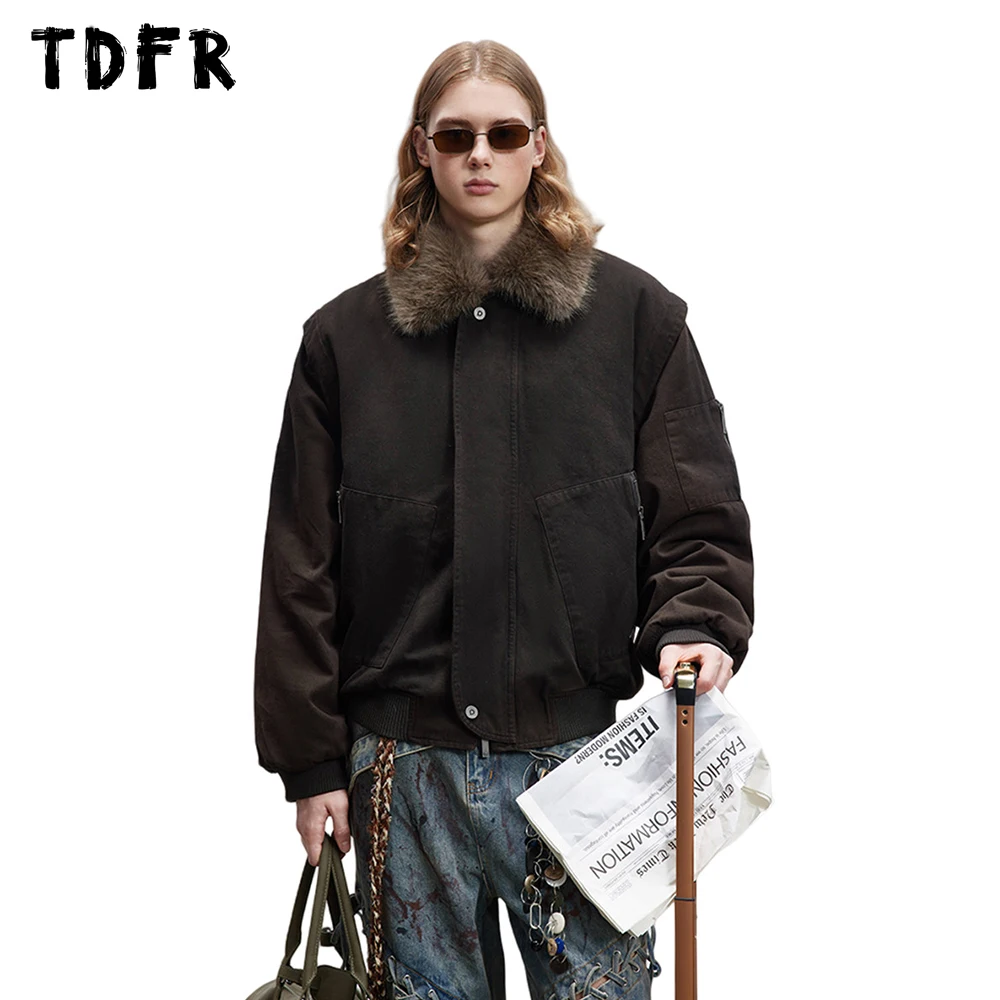 Retro Spliced Cargo Padded Jacket Mens Zipper Pocket Winter Warm Streetwear Lapel Long Sleeve Thick Quilted Jacket Men