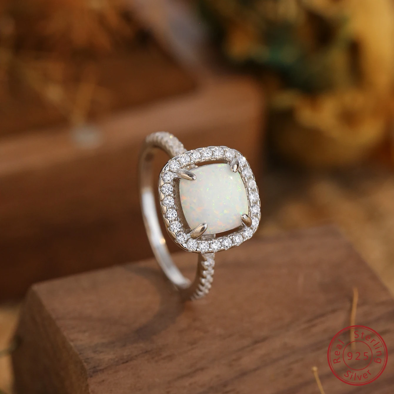 2024 Creative Design 100% 925 sterling silver square white opal and zircon ring woman fashion versatile high-end jewels gift