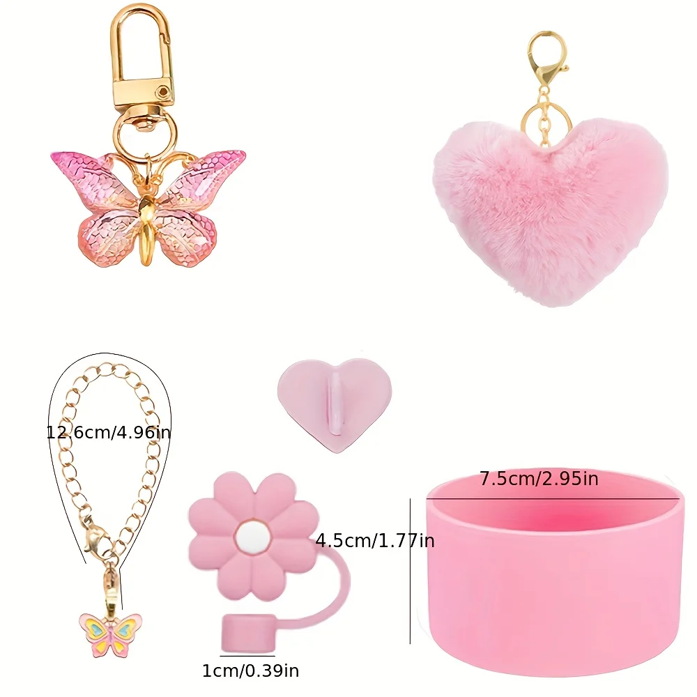 6pcs Silicone Cup Charm Set for 30-40oz Tumblers with Handles - Includes Straw Topper, Boot, Heart Ball Pendant & Handle Charm C