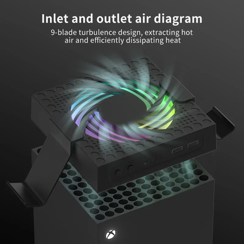 Ventola di raffreddamento per Xbox Series X/S con striscia luminosa RGB Sistema di ventola di raffreddamento a velocità regolabile a 3 livelli 1500/1750/2000 giri/min USB