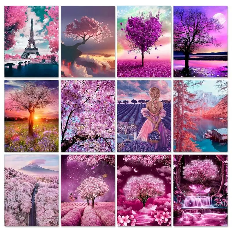 

GATYZTORY Frame 5D Diamond Painting Pink Tree Mosaic Diamond Embroidery Sale Rhinestones Landscape Handmade Home Decor