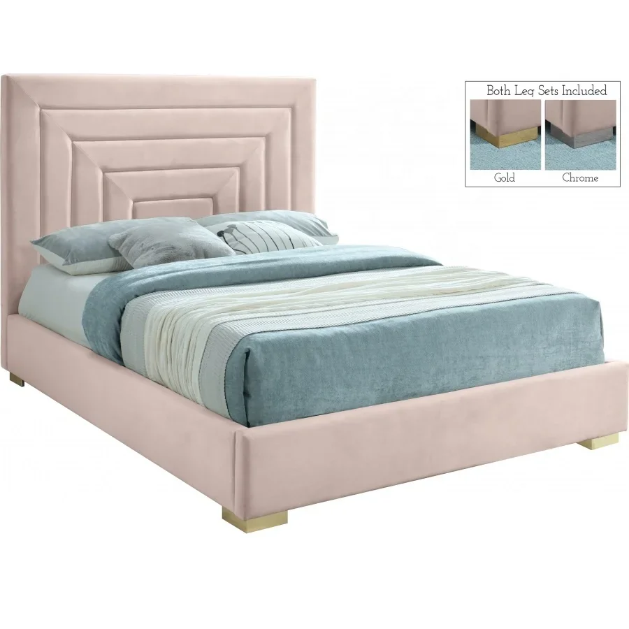 

Pink Velvet Double Queen King Size Solid Wood Platform Bed Frame With Gold Stainless Steel Leg