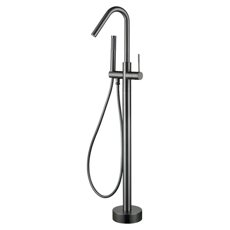 Brushed Gold/Gun Gray Solid Bras Freestanding Bathtub Faucet Set with Waterfall Spout and Showerhead