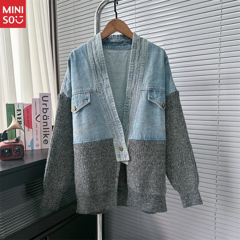 Miniso Denim Patchwork Cardigan 2025, Korean Knit Coat, Fashion Loose Fit Sweater