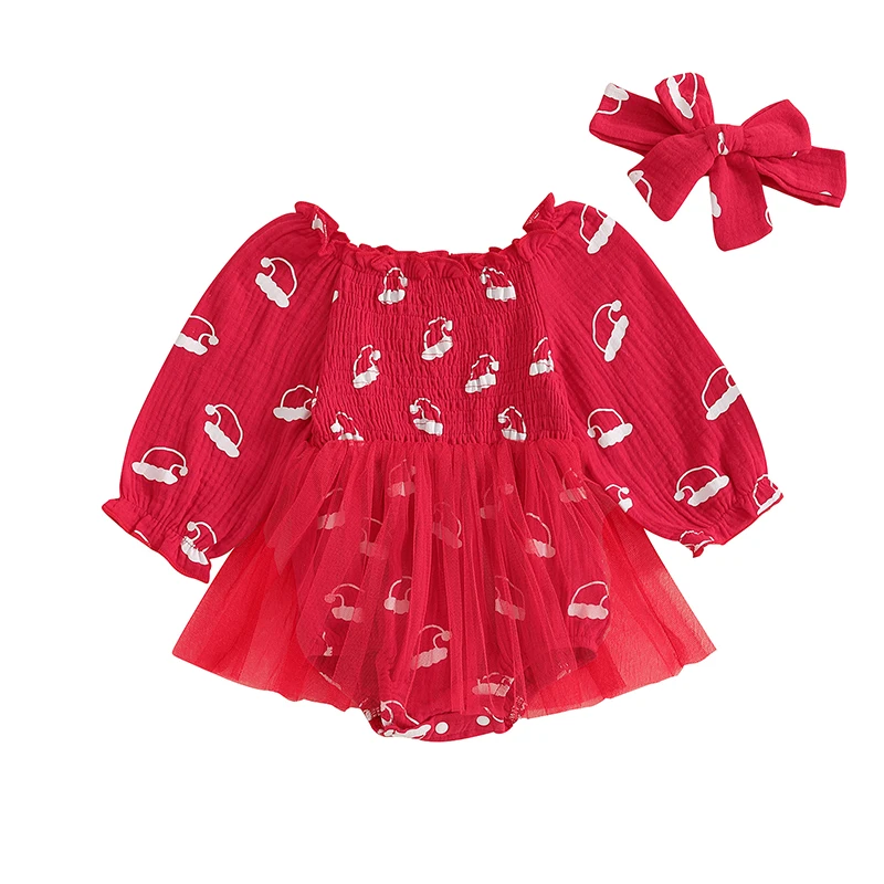 

Baby Girls Rompers Dress Christmas Clothes Santa Hat Print Mesh Skirt Hem Toddler Fall Bodysuits with Headband