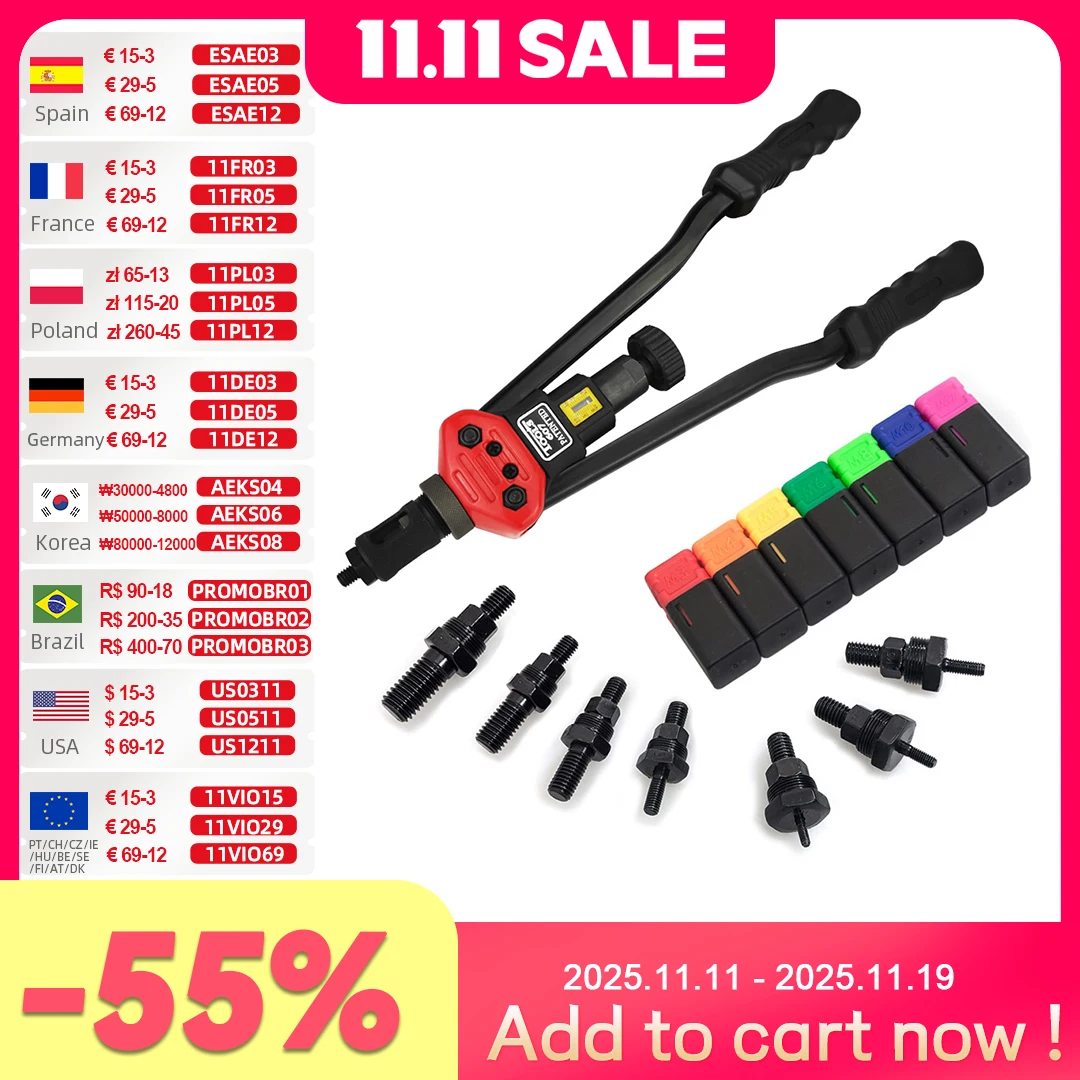 Allsome BT-607 16 "manual rebitador arma mão rebite kit ferramenta de ajuste porca rebite ferramenta setter porca m3/m4/m5/m6/m8/m10/m12