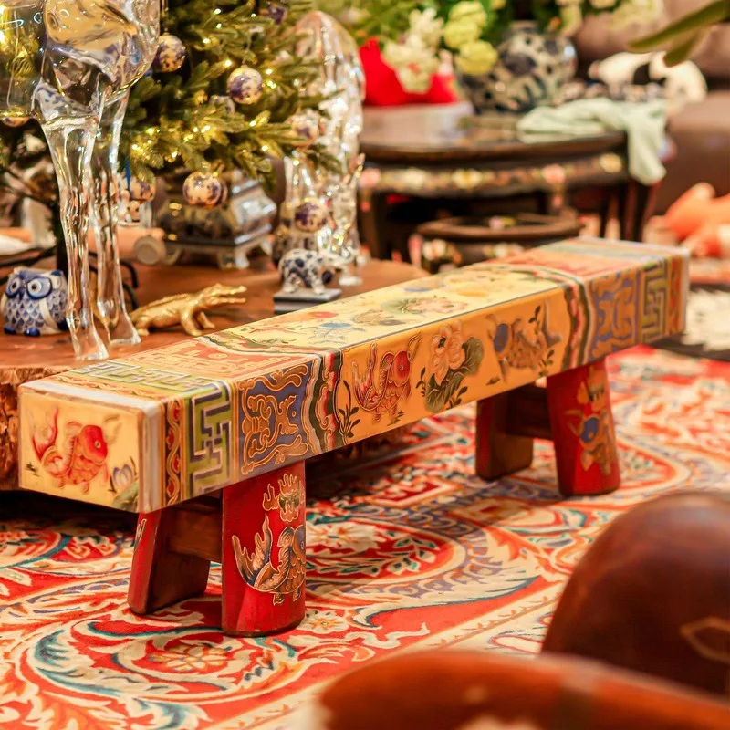 New Chinese classical, hand-painted painting, solid wood shoe changing stool, bedside stool