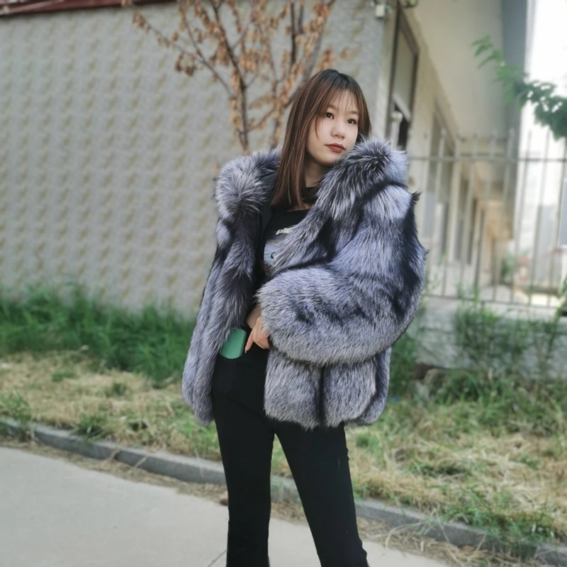 Real Silver Fox Fur Winter Jacket for Women, Natural Fox Fur Coat With Hood, Whole Skin Fur, Thick, Soft, Warm, New Fashion