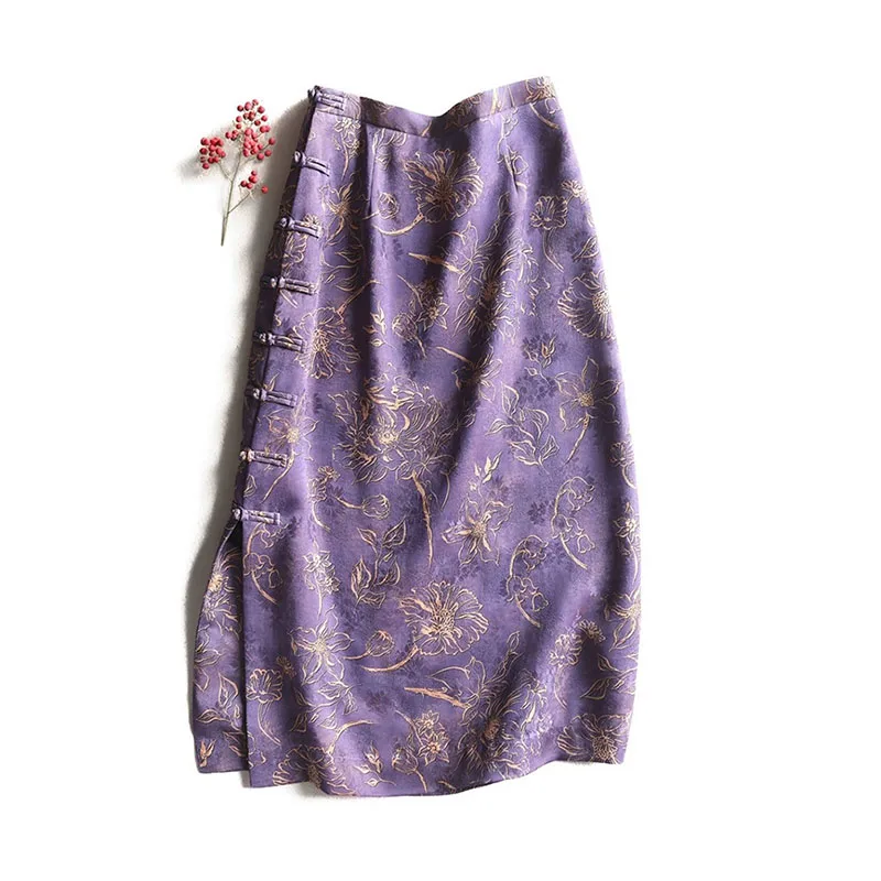 Chinese Style Frog Button Silk Skirt Women High Waist Split Purple Skirt Summer Vintage Floral Print Midi Skirts