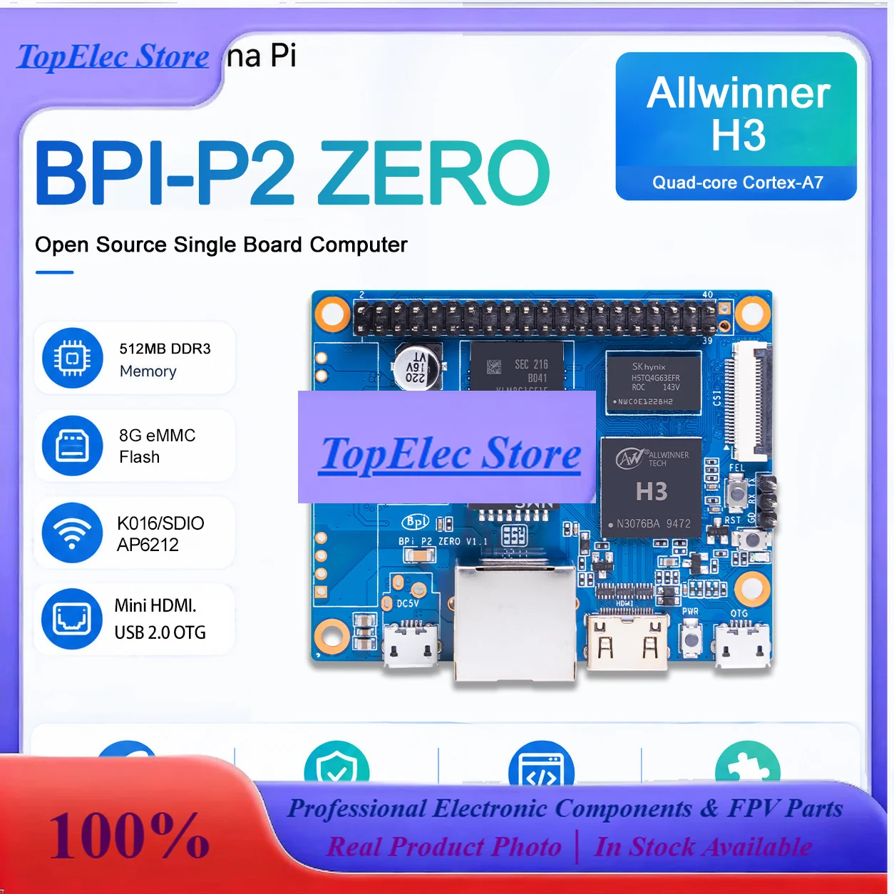 TopEsBanana Pi BPI-P2 Zero Allwinner H3 Quad-core Cortex-A7 512M DDR3 8G EMMC Support PoE Run OS Android Linux Single Board Comp