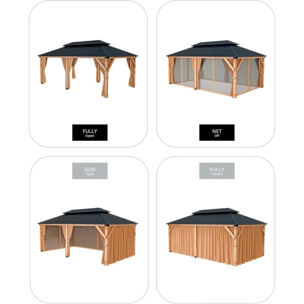 شرفة خشبية صلبة مقاس 12 × 20 قدمًا، شرفة دائمة لجميع الأحوال الجوية مع سقف وستائر معدنية مزدوجة #6