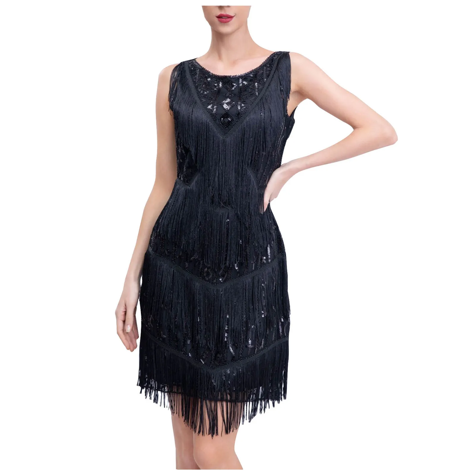 Ladies Fringe Flapper Sequined Fancy Dress Sleeveless Adult Charleston Costume The Gatsby 1920s 1930s Cosplay Vestidos for Women