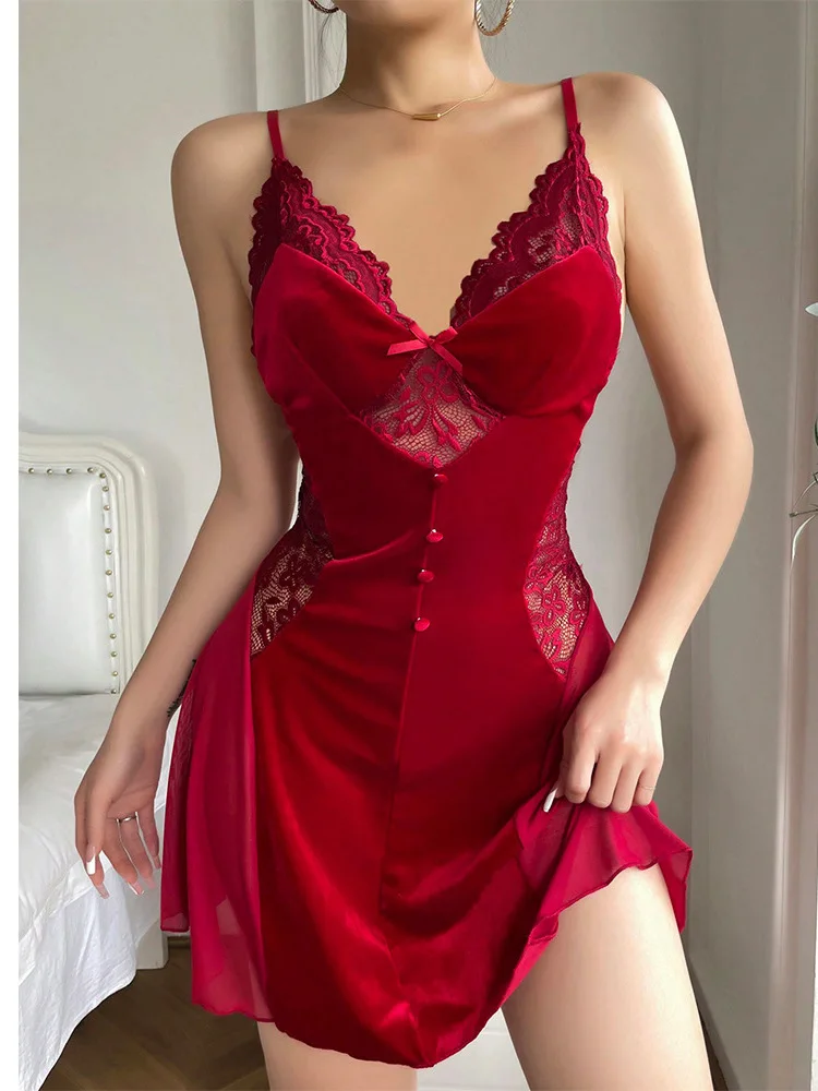Sexy  Velvet Mesh Splicing Sling V-neck Fit And Flare Dress Elegant Pure Colour Temperament Girl Dew Shoulder Dresses New  NKGJ