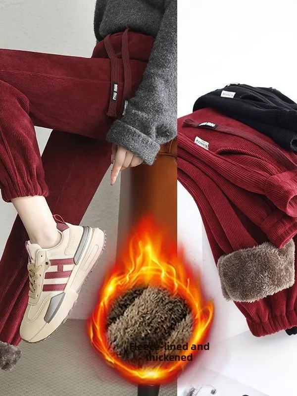 

Теплые брюки на подкладке больших размеров с высокой талией, пригородные брюки, зима 2025 г., новые тонкие свободные модные универсальные брюки с манжетами...