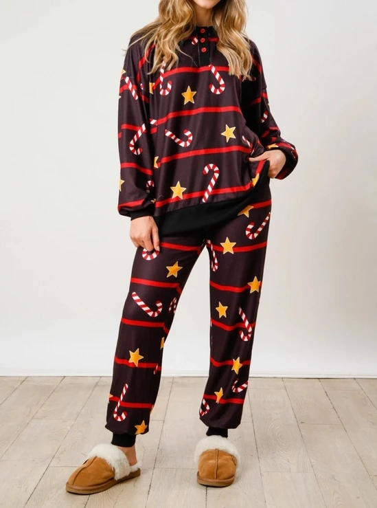 Fashion Autumn Two-Piece Set Christmas Printed Button Up Long Sleeved Two-Piece Fashionable Casual Suit for Women