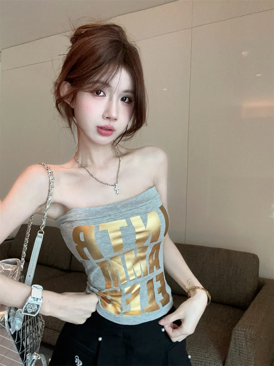 

Millennial Style Spicy Girl Tube Top Women's Sleeveless Vest Pure Desire American Letter Retro Wrap Chest Short Size Clothing