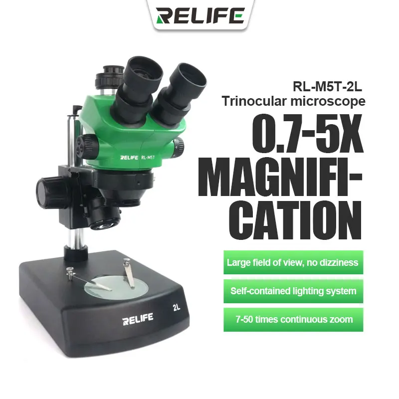 RELIFE RL-M5T-2L microscopio Stereo trinoculare HD 0.7-5.0X Zoom continuo messa a fuoco saldatura di rilavorazione di riparazione PCB Simul-focale