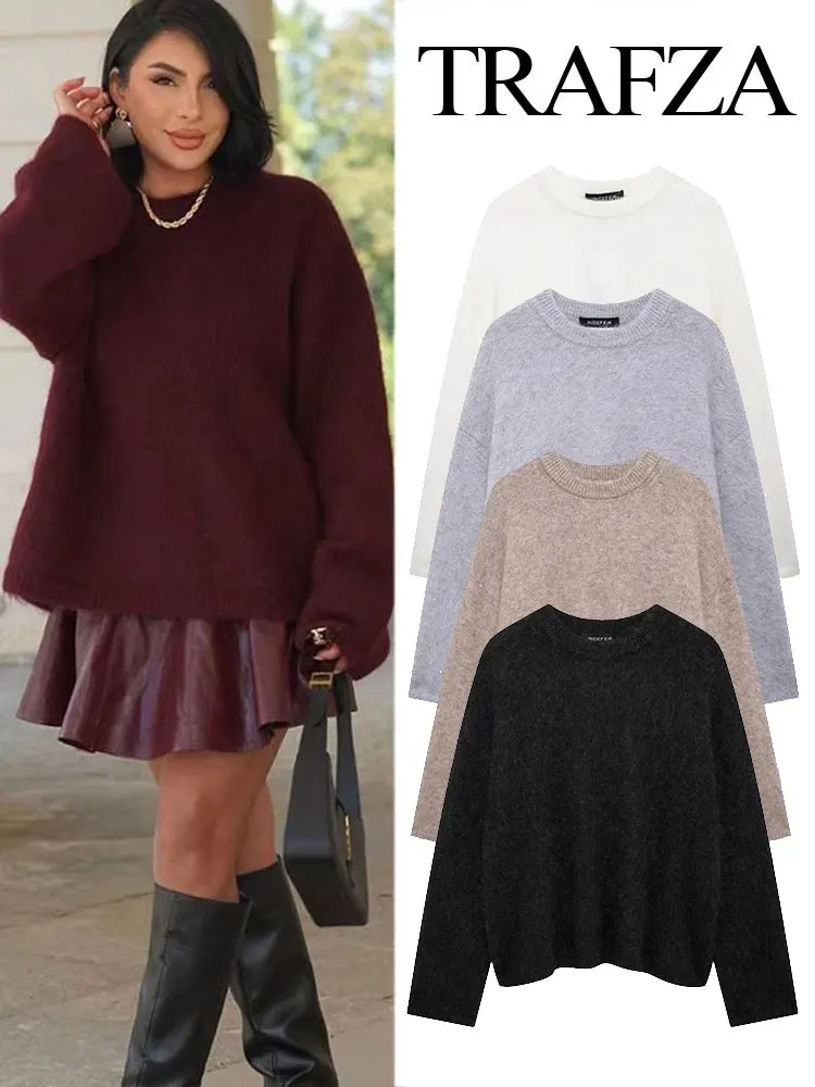 TRAFZA Women's Retro Burgundy Loose Pullover 2024 Elegant Women's Fashion Oversized Mohair Autumn Blended Pullover Street Wear