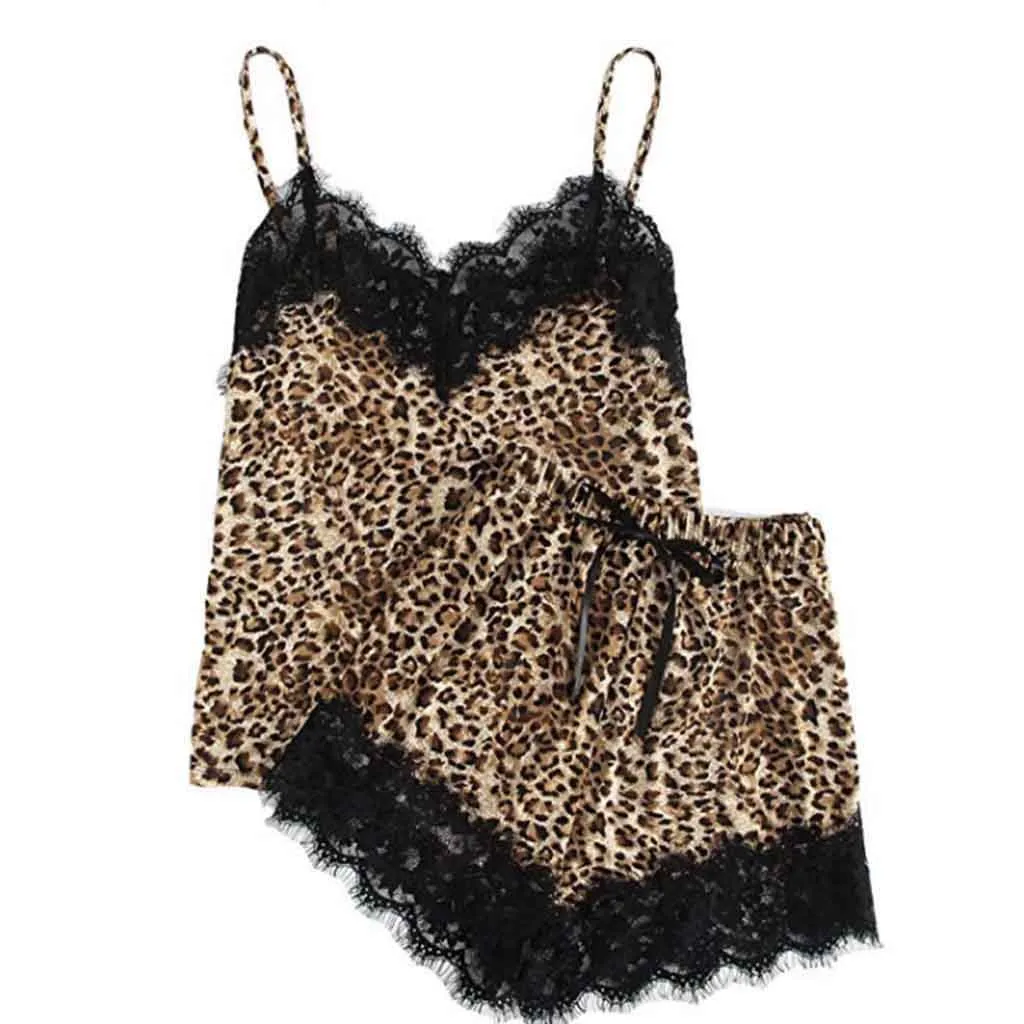 Women Bow Sleepwear Sleeveless Strap Nightwear Lace Trim Satin Camis Top Pajama Sets Lace Leopard Sexy Lingerie Pyjamas Ladies