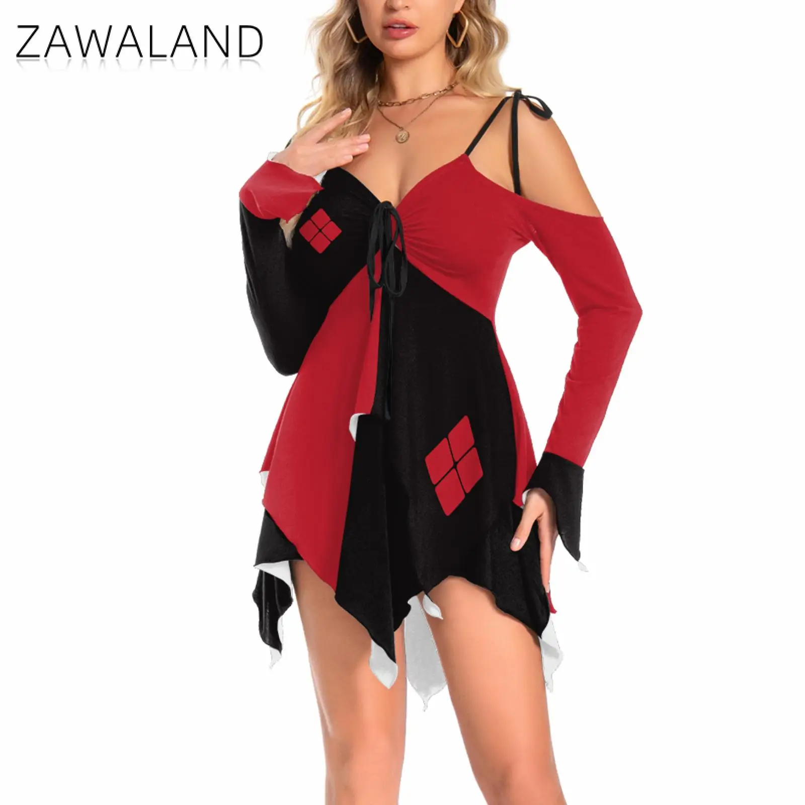 Zawaland-vestidos de payaso para mujer, ropa con estampado Irregular, hombros descubiertos, disfraces de película para Halloween