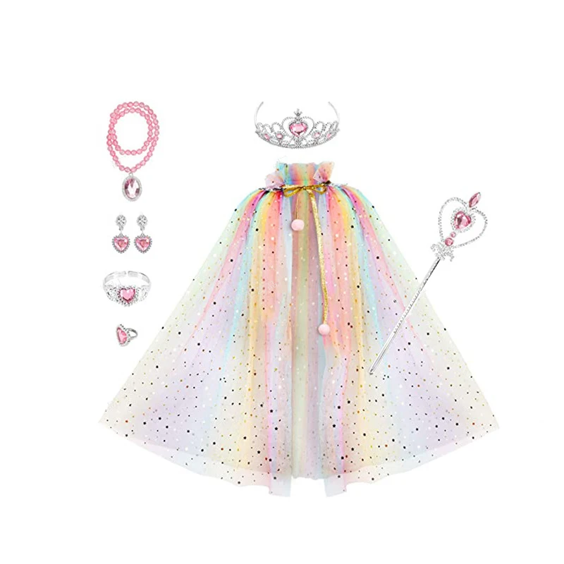 New Children's Cosplay Costumes Set Queen Princess Colorful Cloak Crown Shawl Transparent Lace Free Size with Accessories Props