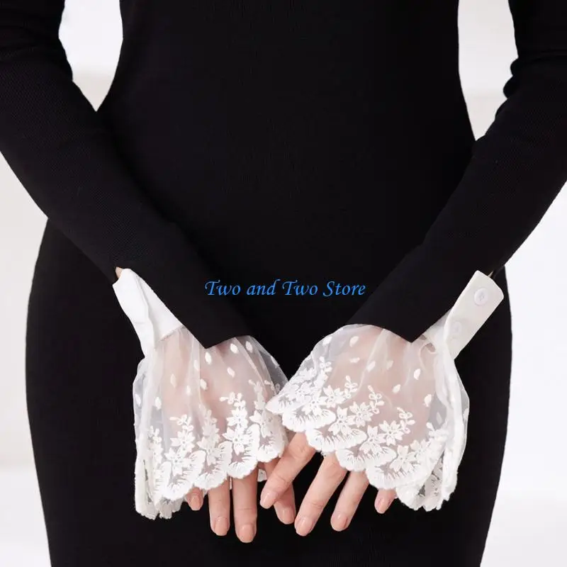 HX6F Costume Lace Wrist Cuffs for Women Floral Sheer Faux Sleeve Accessory for Dressing Up Party Bridal and Stage Outfits
