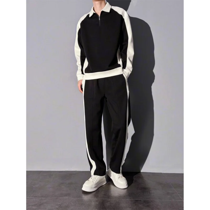 2pcs Setelan Sweatshirt dan Celana Olahraga Korea Warna-Blok Musim Semi dan Gugur, Celana Kasual Elastis Nyaman dan Longgar untuk Pria