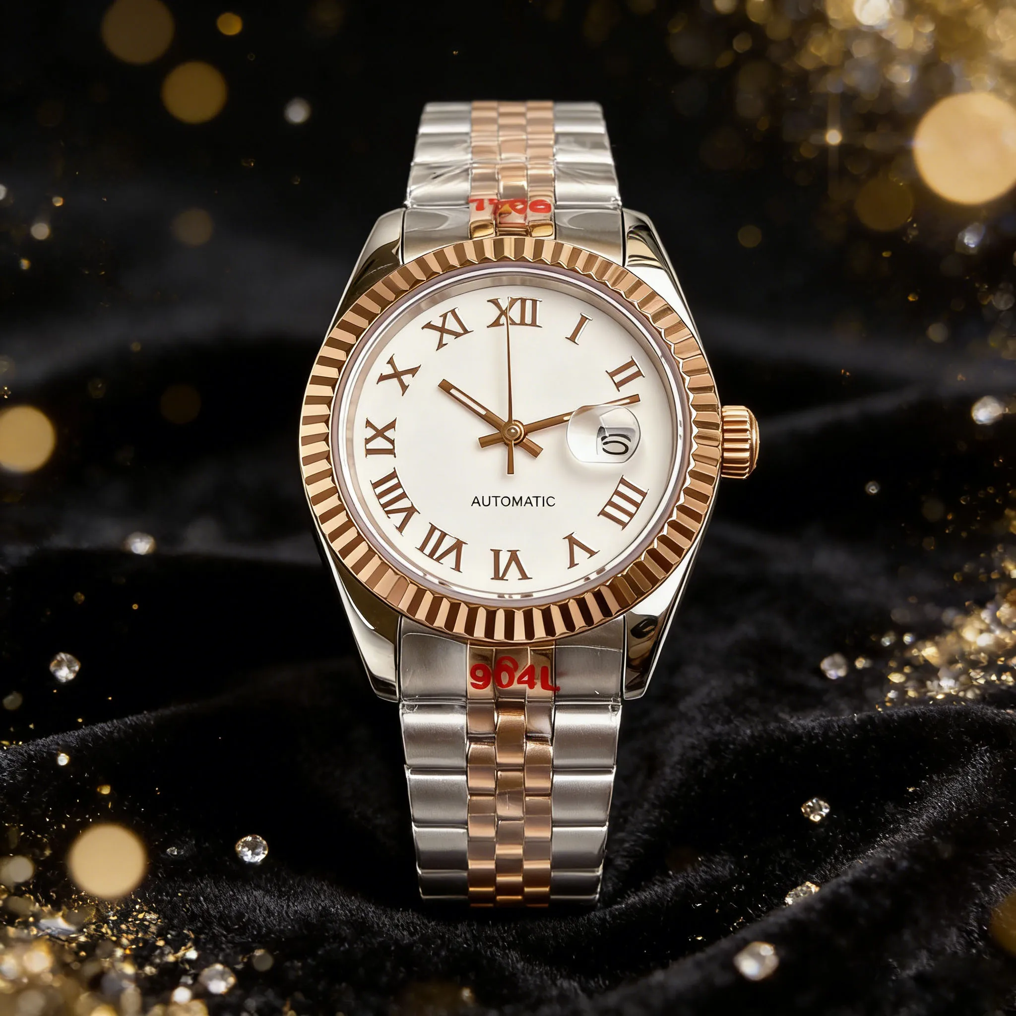 

Маркер для часов римского розового золота, серебряная роза, двухцветное сапфировое стекло 31 мм, 10 АТМ, NH05, женские часы с автоматическим механизмом, рифленый безель