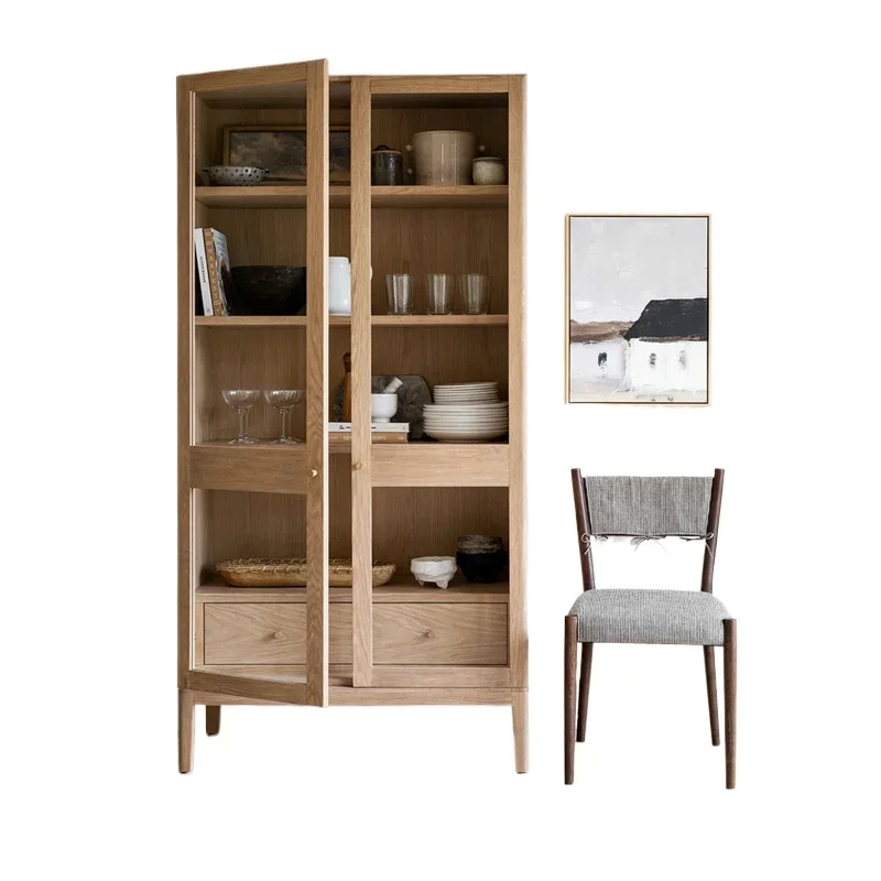 

French solid wood retro glass door bookcase dining side wine cabinet American oak log color storage cabinet