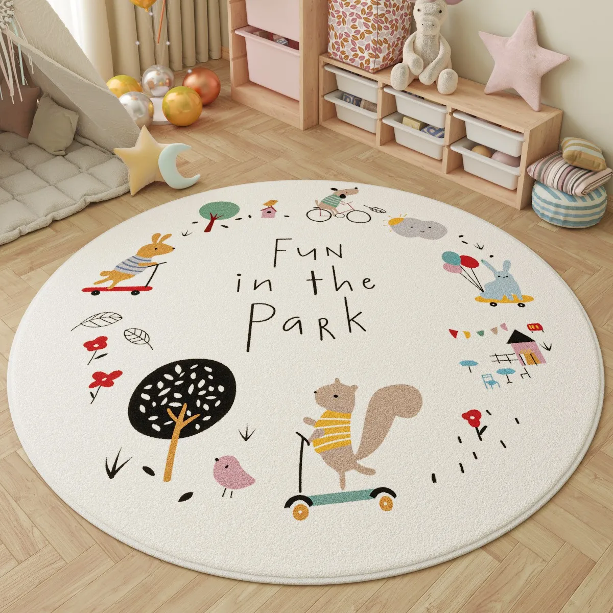 Cute Animal/Letter Printed Round Rug Imitation Cashmere Soft Area Carpet for Kids Room Bedside Tatami Office Chair Non-Slip Floo