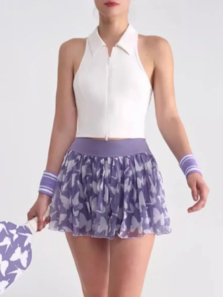 تنورة يوجا وتنس شبكية مثيرة جديدة وعصرية مع سروال داخلي آمن، تنورة قصيرة للياقة البدنية مع شبكة تنفس، ملابس يوجا نسائية لصيف ...