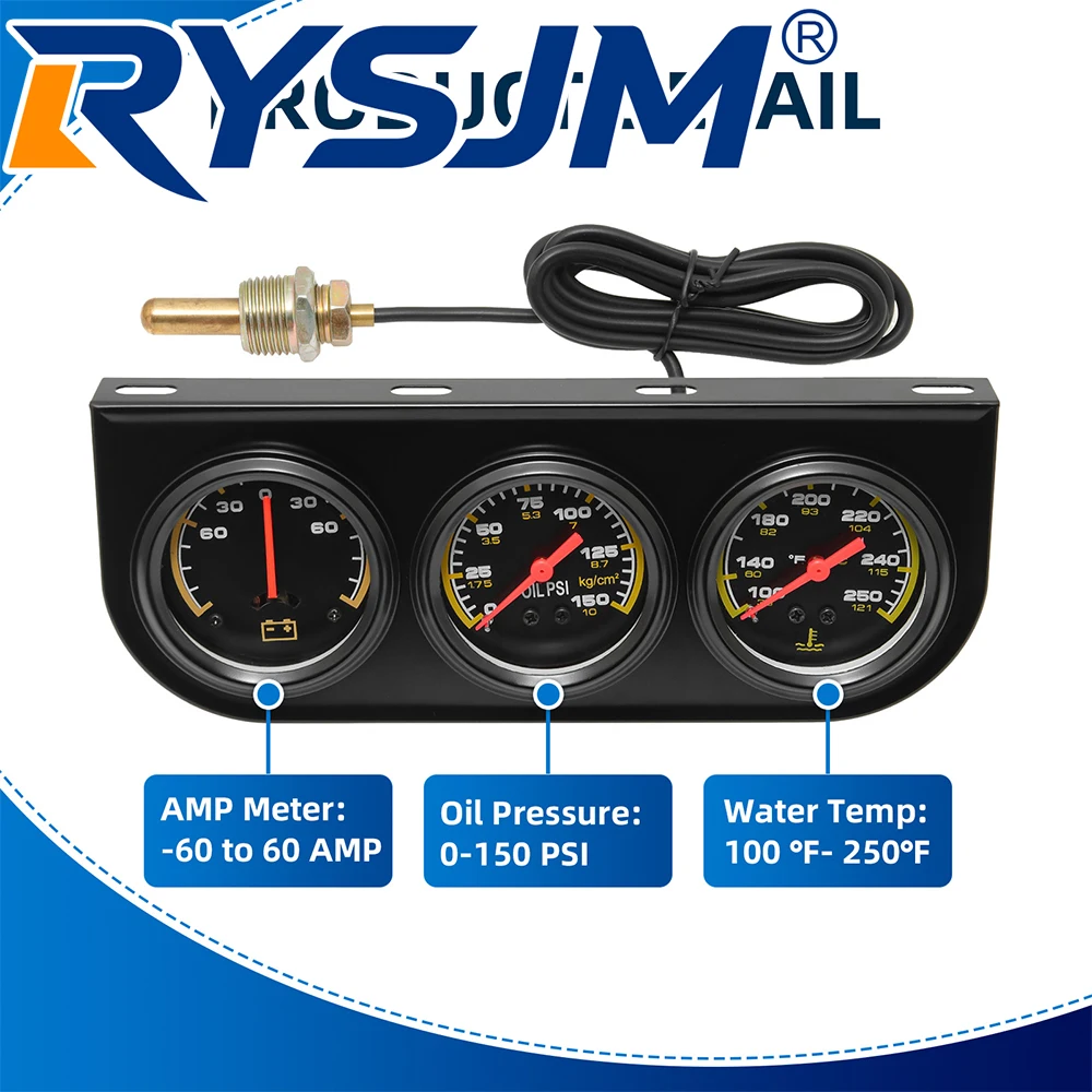 52MM AMP Meter+Oil Pressure Gauge+Water Temperature Gauge with Sensor Bracket Pointer Triple Meter for Petrol Engine Car 12V