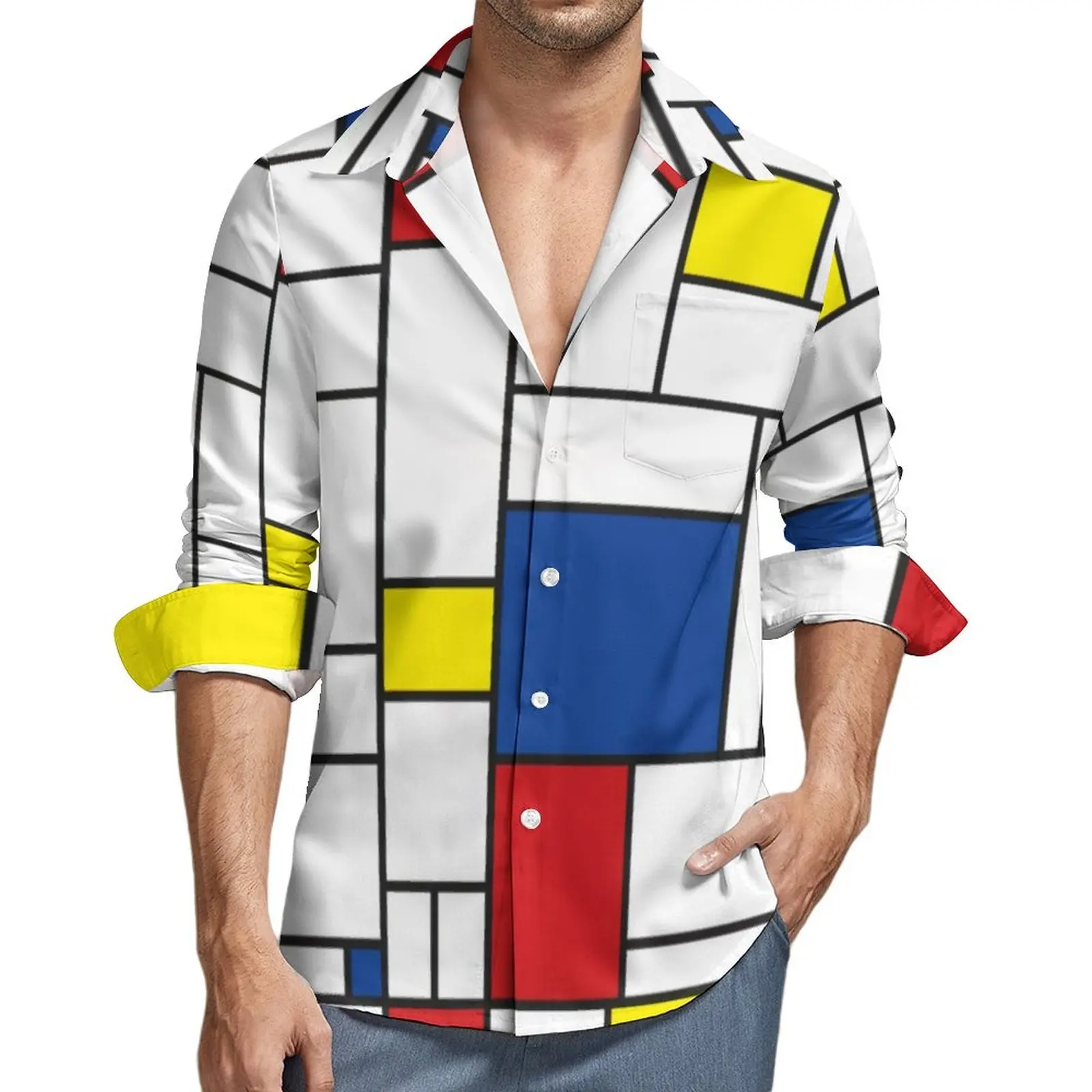 

Mondrian Geometry Blouse Men Modern Art Shirt Long Sleeve Trendy Harajuku Casual Shirts Spring Custom Clothing Large Size