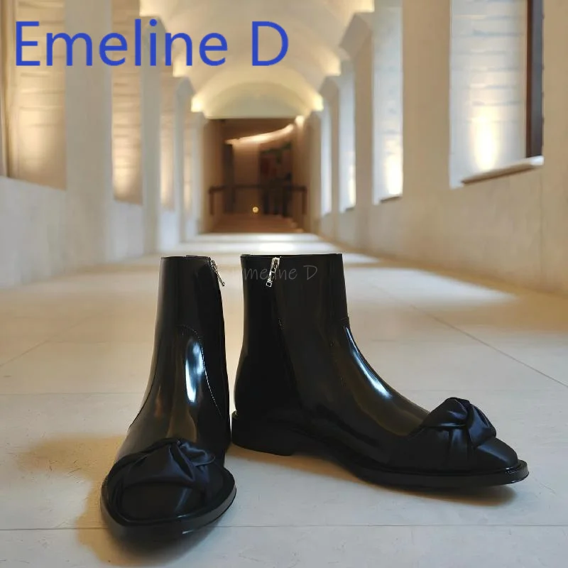 Bow Tie Tied Chelsea Boots Fashionable Retro Silk Shiny Leather Splicing Side Zipper Design Simple Style Mid Heel Short Boots