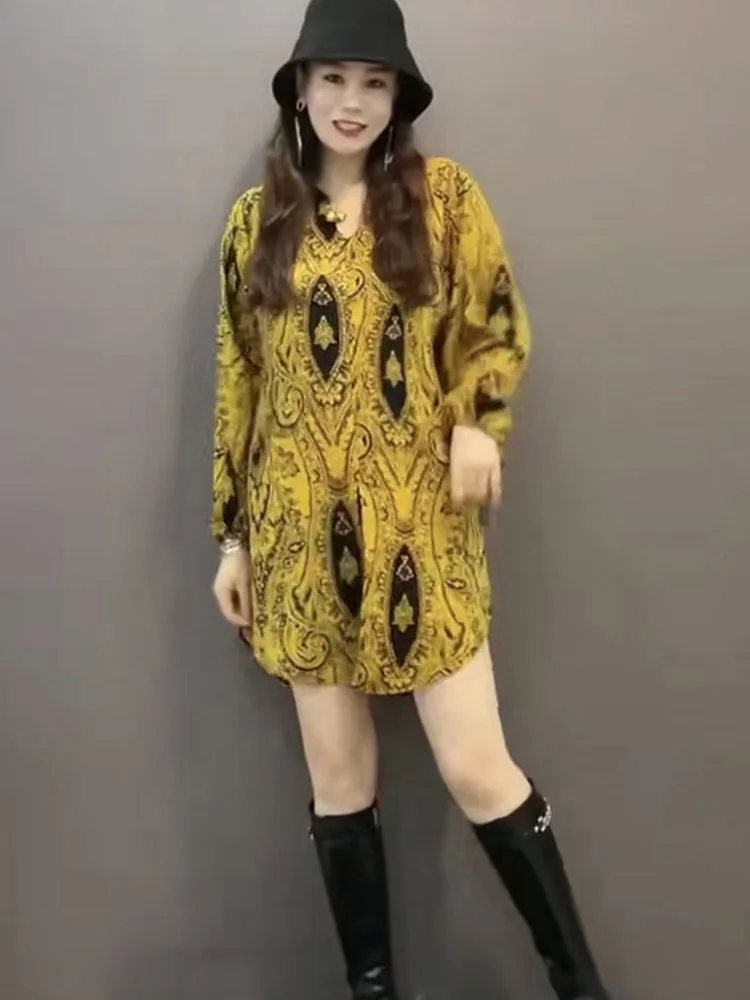 เสื้อผู้หญิงฤดูใบไม้ร่วง 2025 ลายเสือดาวใหม่ ทรงหลวม ปิดหน้าท้อง ช่วยให้ดูผอม ทรงเอ ความยาวปานกลาง คอปก แขนยาว