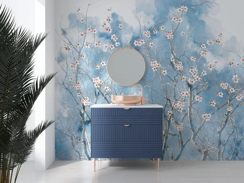 Chinoiserie Design Cherry Blossoms Wallpaper, Living Room Blue Background Floral Wall Mural, Watercolor Flowers Bathroom Wall De