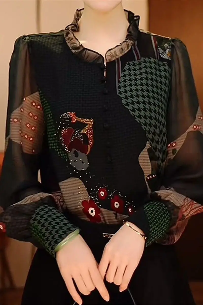 

Elegant Pleated Collar Chiffon Blouse with Print and Rhinestones for Women