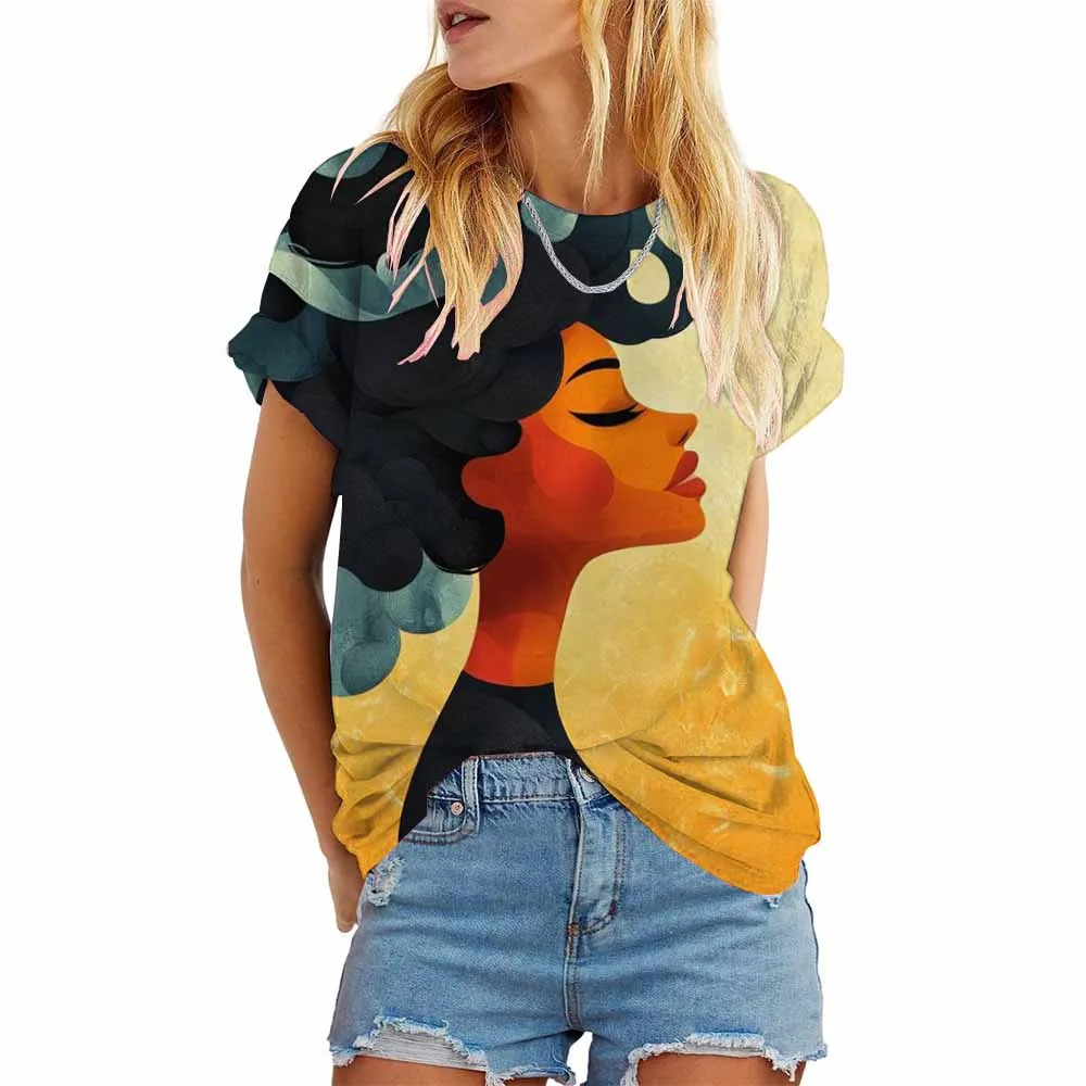 Plus size dames bohemien stijl gezicht print kleur geblokkeerd T-shirt casual ronde hals korte mouwen T-shirt dameskleding