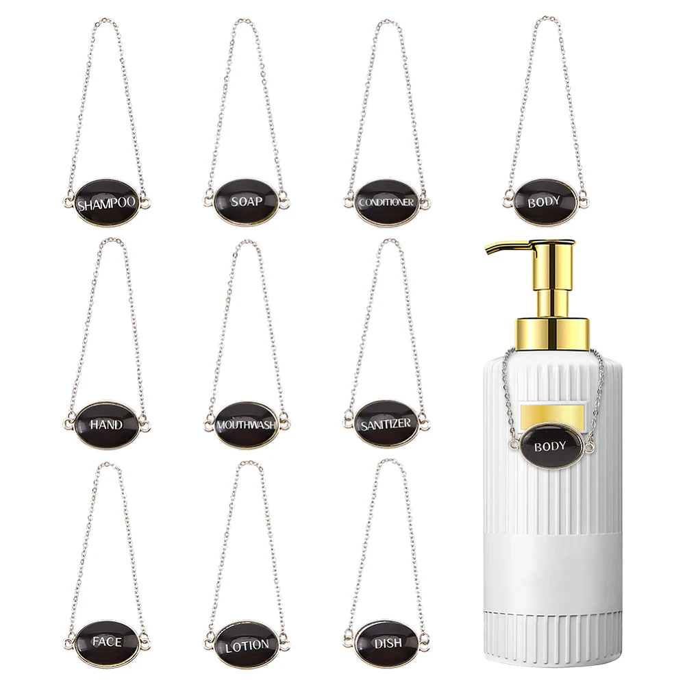 10PCS Bottle Decor Tags 3.54inch Length Glass Black Oval Bathroom Label Waterproof Alloy Base Tags with Stainless Steel Chains
