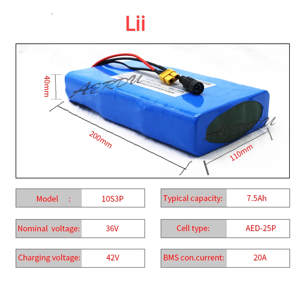 

Lii 36V 10S3P 42V 7.5Ah Ultra thin 15A BMS High power capacity 18650 lithium battery pack ebike electric bicycle motor scooter