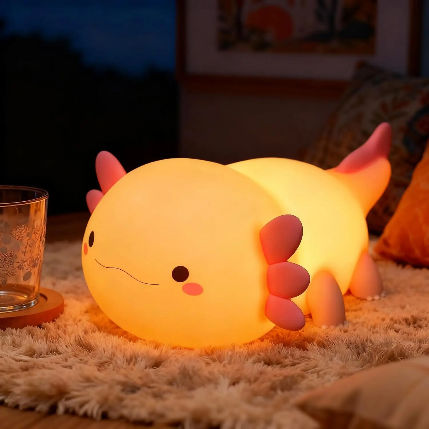 Dimming Axolotl Night Light, Kids Rechargeable LED Night Lamp with Timer Soft Silicone Touch Control, Adjustable Brightness Lamp