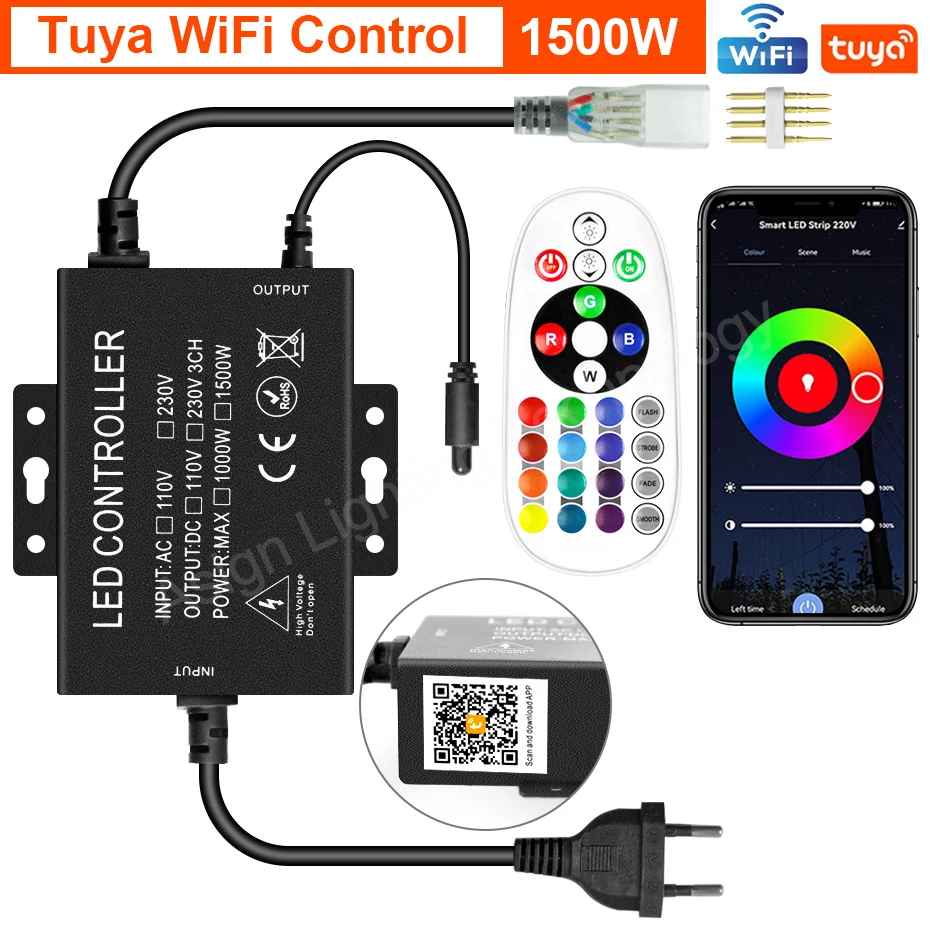 4Pin 220V LED Strip Light Controller 750W 1500W Remote/Bluetooth/ /Tuya WiFi Voice Controller RGB Color Changable Controller