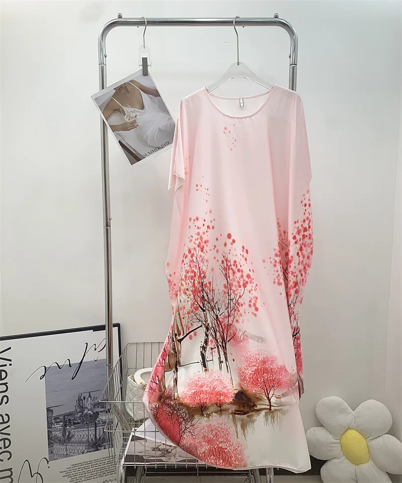 Summer New Women Casual Print Sleep Dress Silky Satin Nightgown Plus Size Dresses Women Chemise De Nuit Short Sleeve Home Dress 6