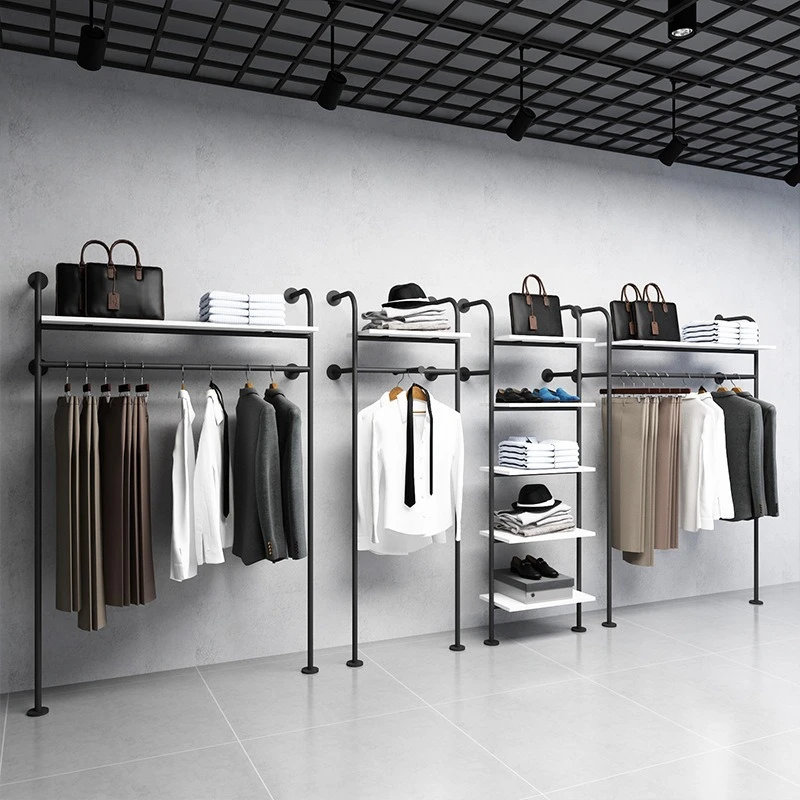 Men's clothing store clothing display rack, wall-mounted clothes rack, wrought iron multi-layer shoe bag clothing rack