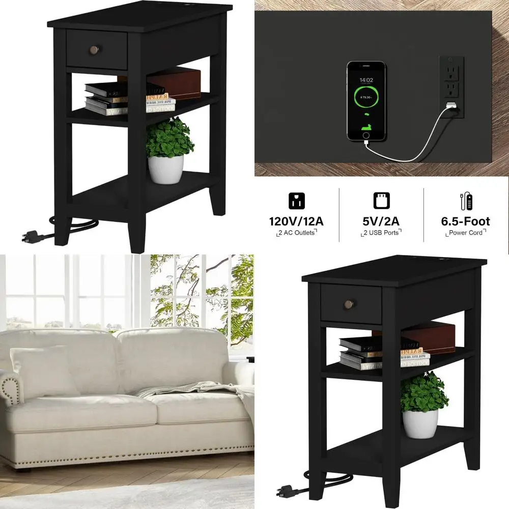 

Compact Charging Nightstand with USB & Outlet, 3-Tier Storage for Small Spaces (Black)