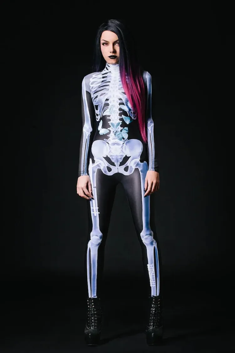 

2023 New Halloween Carnival Cosplay Costume Long-sleeved Tights for Women Body Perspective Scary Skeleton 3D Printed Jumpsuit