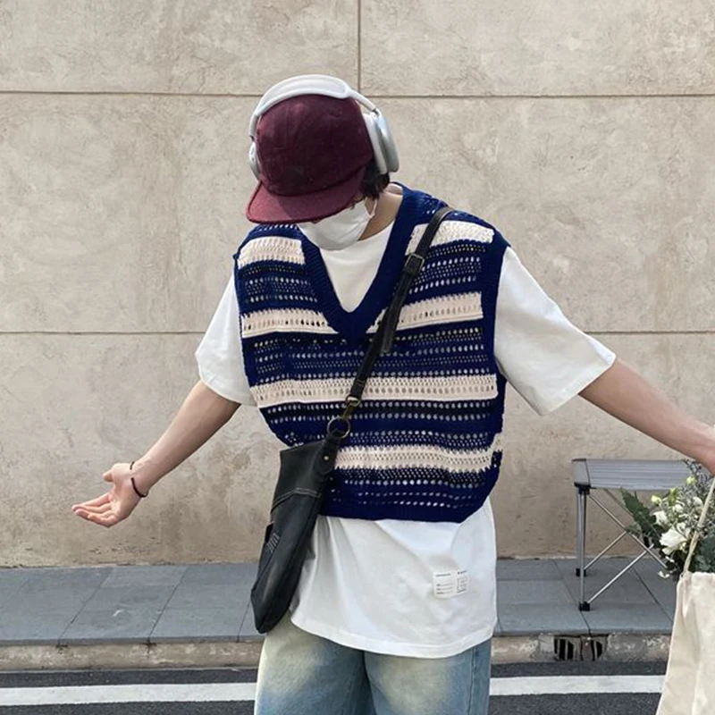 

Knitted Striped Oversized Short T Shirt Sleeveless V Neck Summer Harajuku Fashion Viintage 2023 Trend Blue White Hollow Out Tops