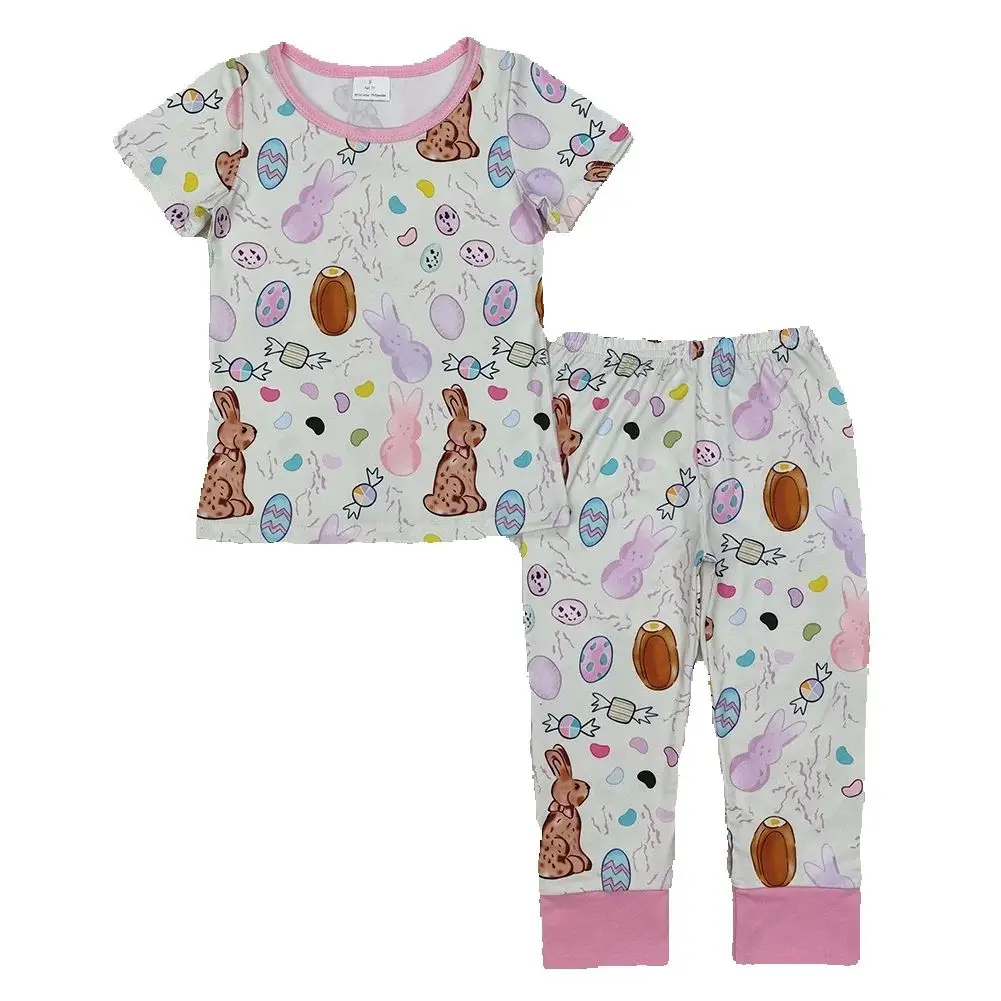 

3.11 GSPO1960 Easter Rabbit Egg Candy Pink Yellow Short Sleeve Long Pants Sleepwear Set Easter Themed Children's Pajamas