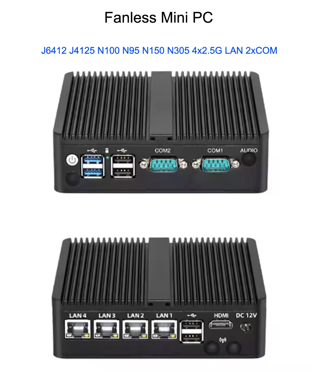 4x2.5G i226V LAN Fanless Mini PC Router morbido HD 2xCOM intel Celeon J6412 N150 N97 N100 N305 Computer Firewall Apparecchio Sever